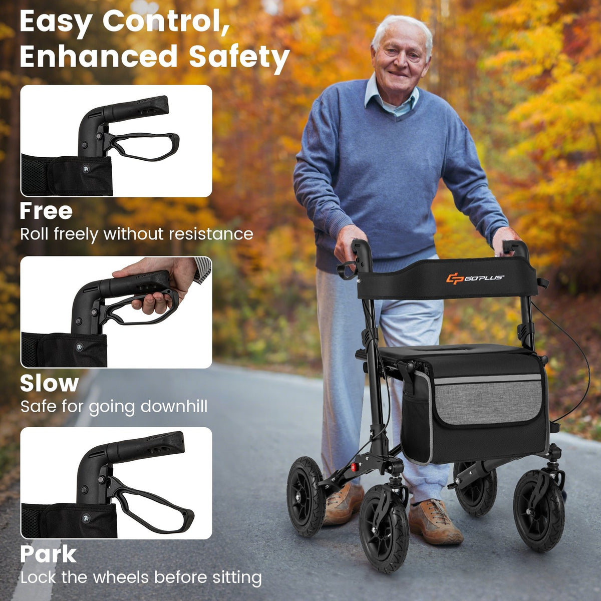 Folding Rollator Walker for Seniors with Seat for All Terrain-Black view 5