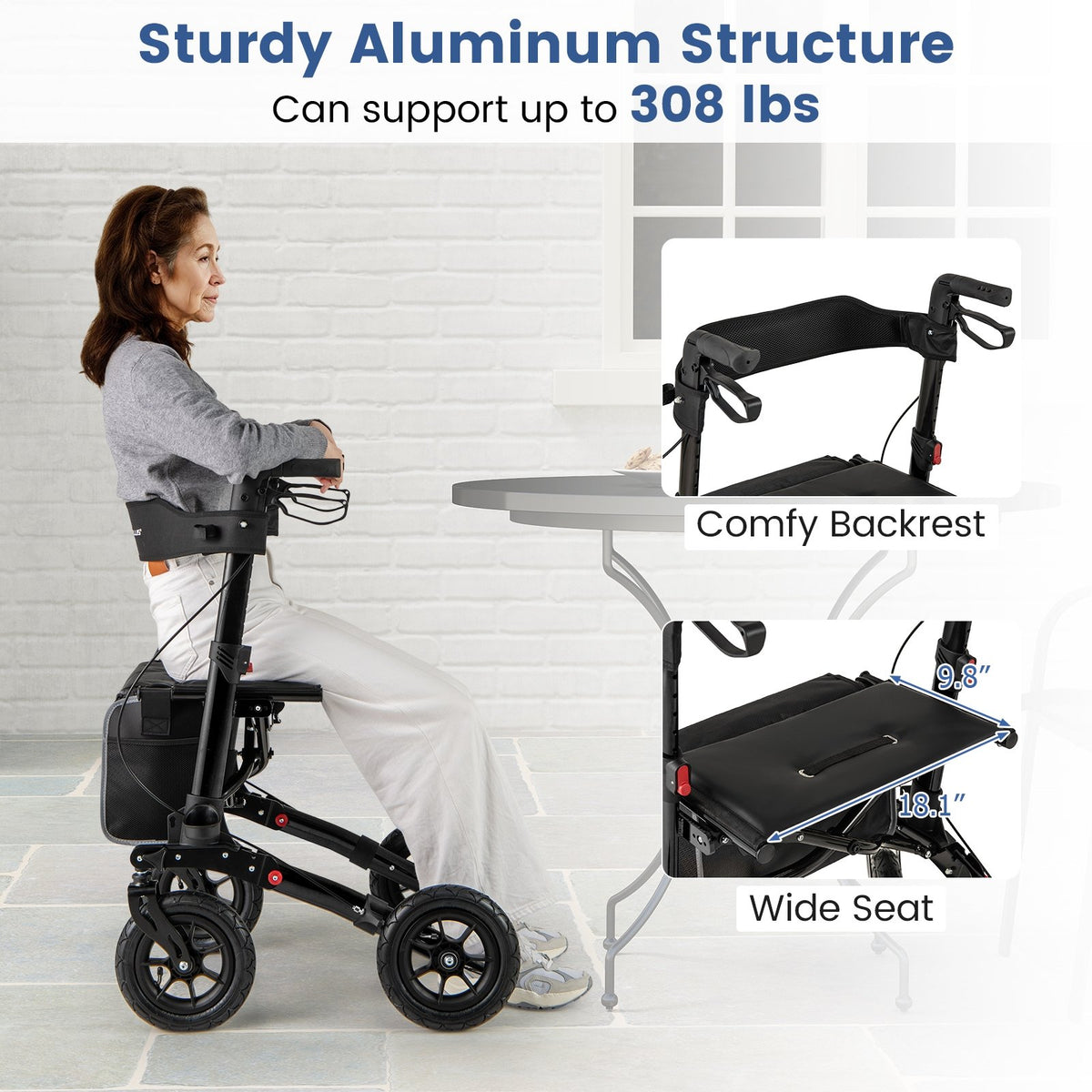 Folding Rollator Walker for Seniors with Seat for All Terrain-Black view 8