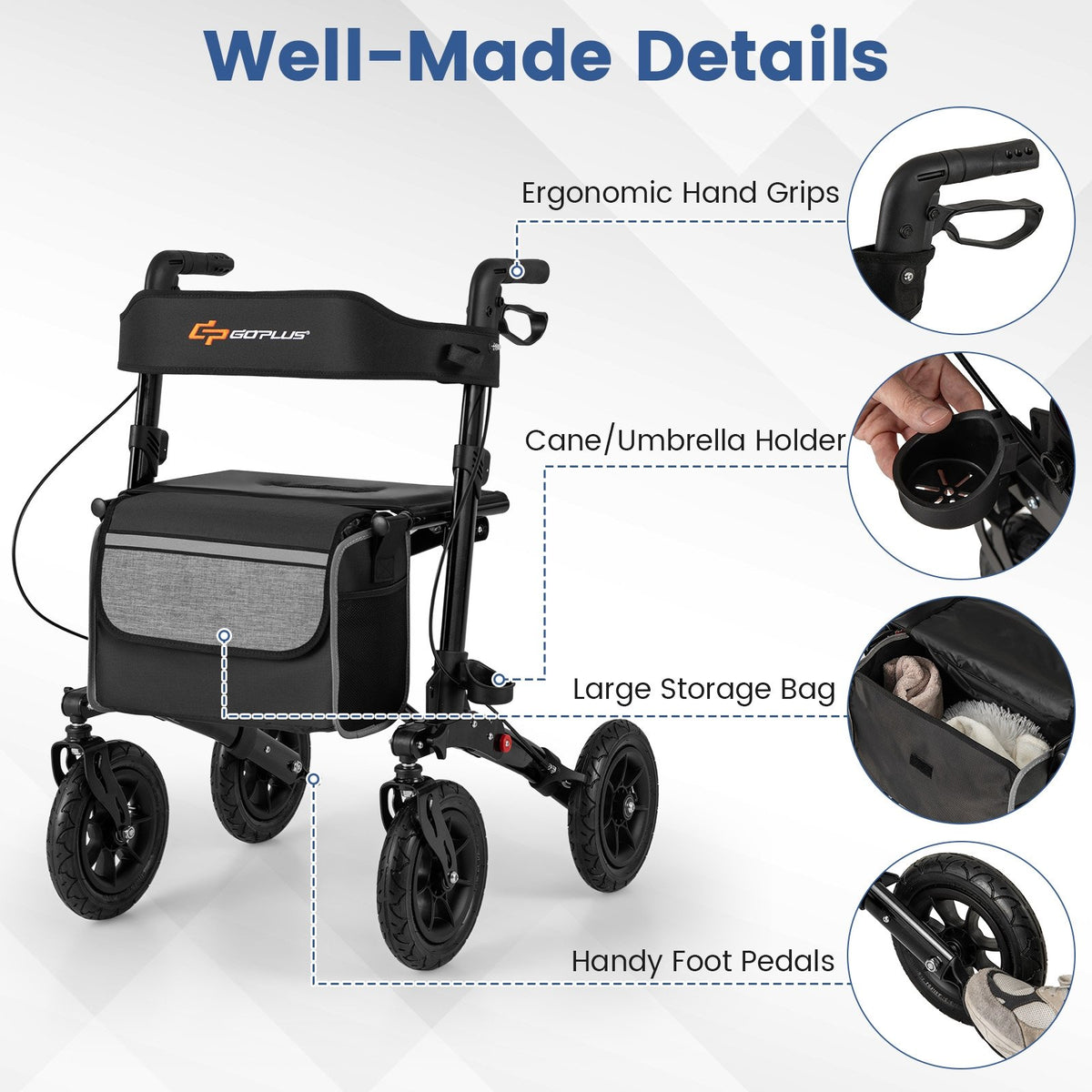 Folding Rollator Walker for Seniors with Seat for All Terrain-Black view 9