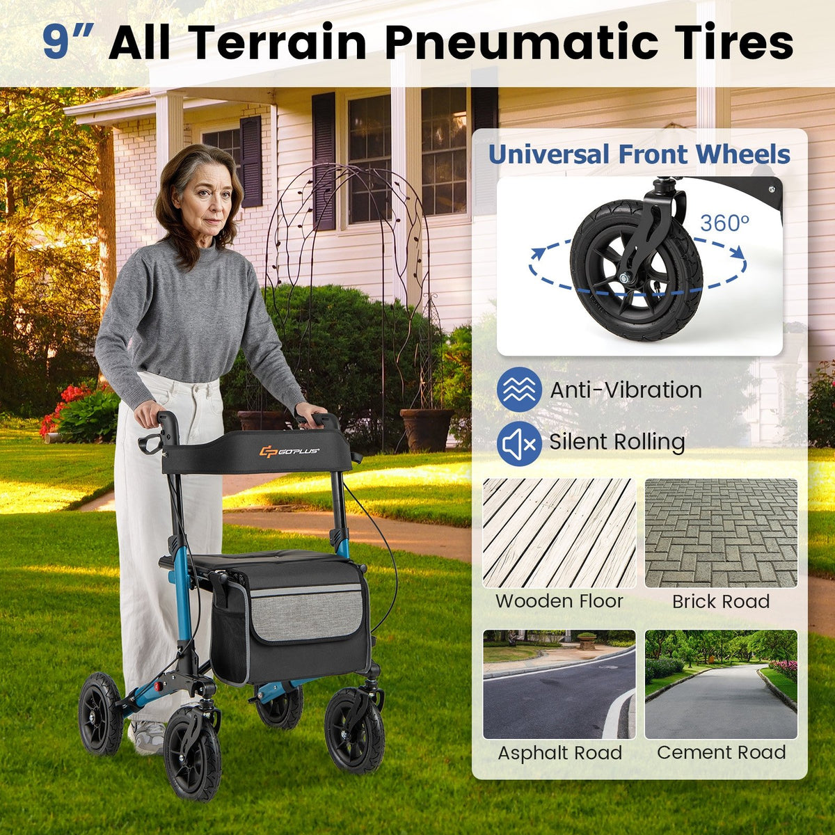 Folding Rollator Walker for Seniors with Seat for All Terrain-Navy view 5