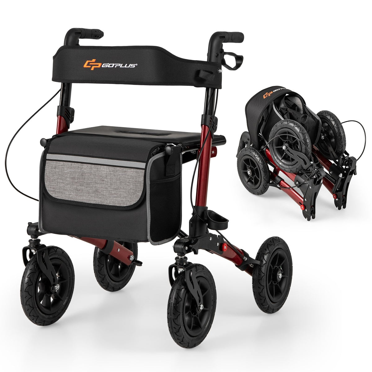 Folding Rollator Walker for Seniors with Seat for All Terrain-Red view 3
