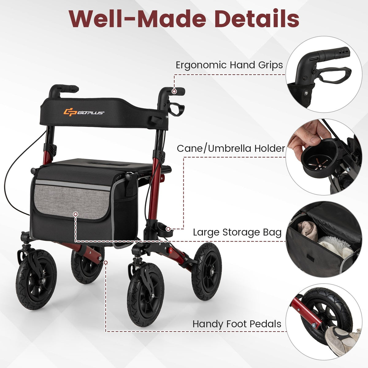 Folding Rollator Walker for Seniors with Seat for All Terrain-Red view 7