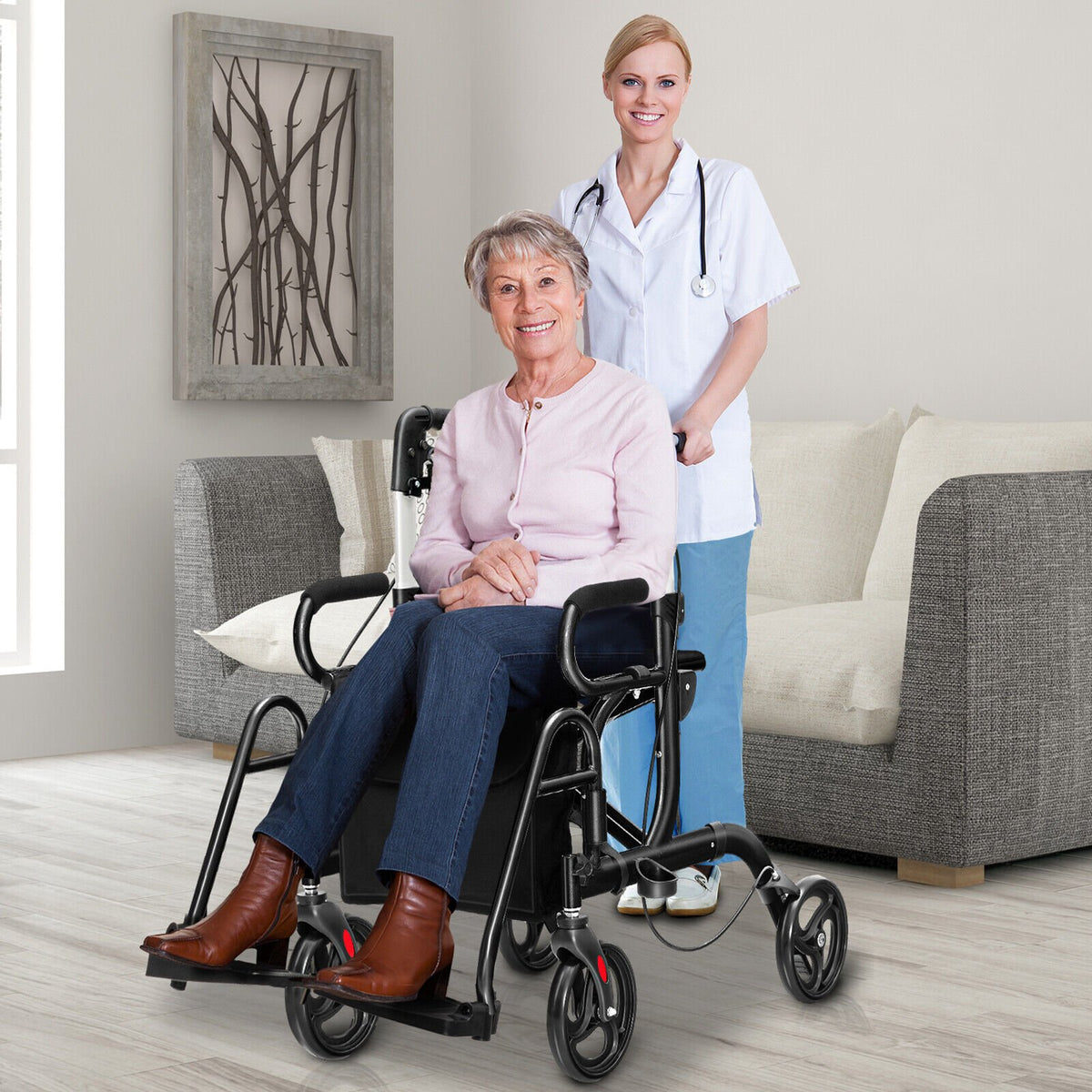 Folding Rollator Walker with 8-inch Wheels and Seat-Black view 2