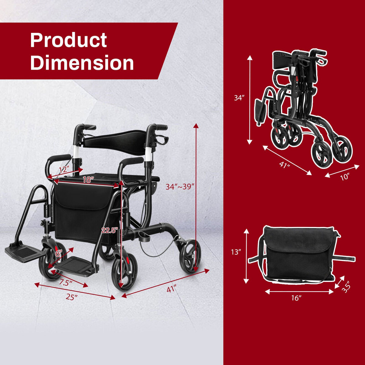 Folding Rollator Walker with 8-inch Wheels and Seat-Black view 3