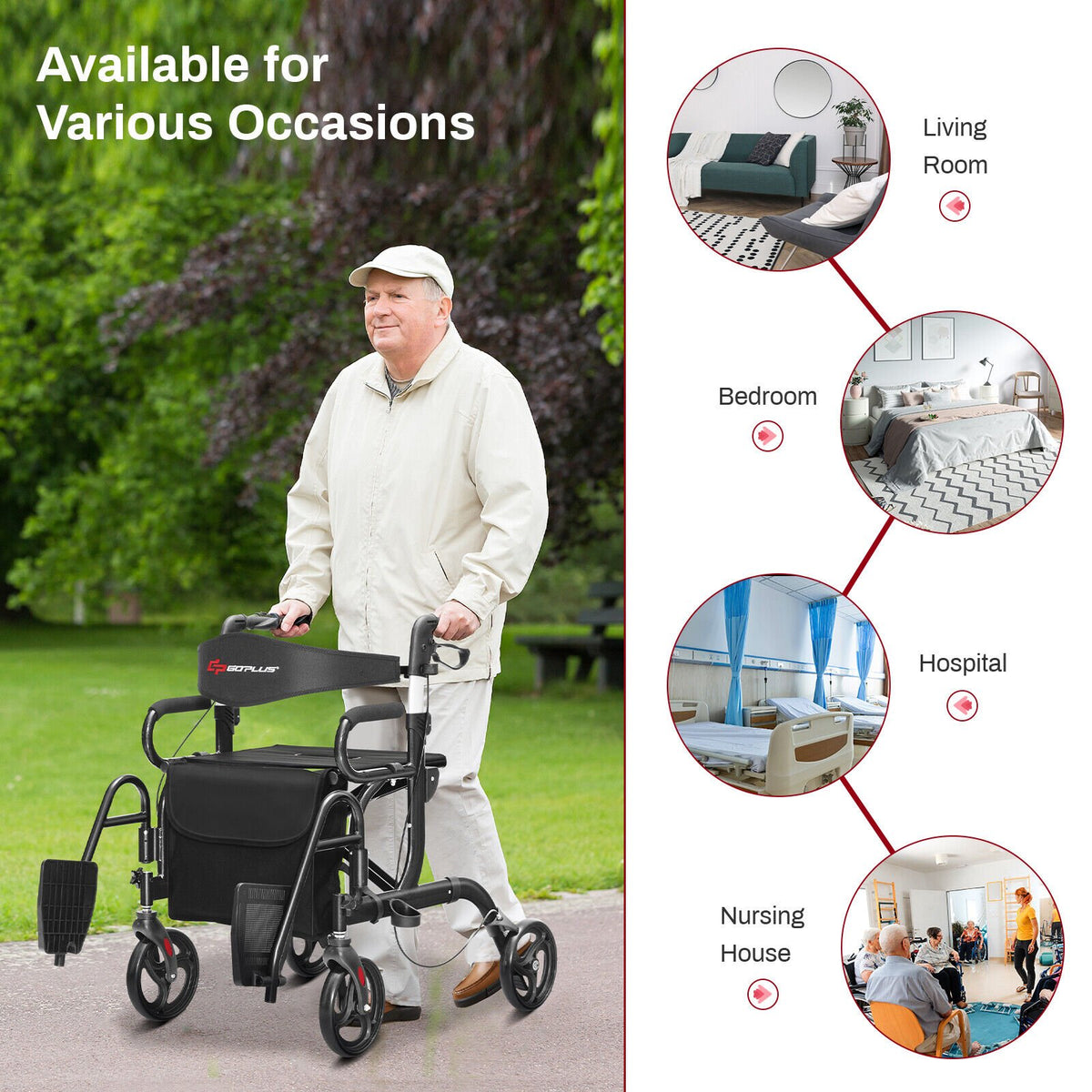 Folding Rollator Walker with 8-inch Wheels and Seat-Black view 4