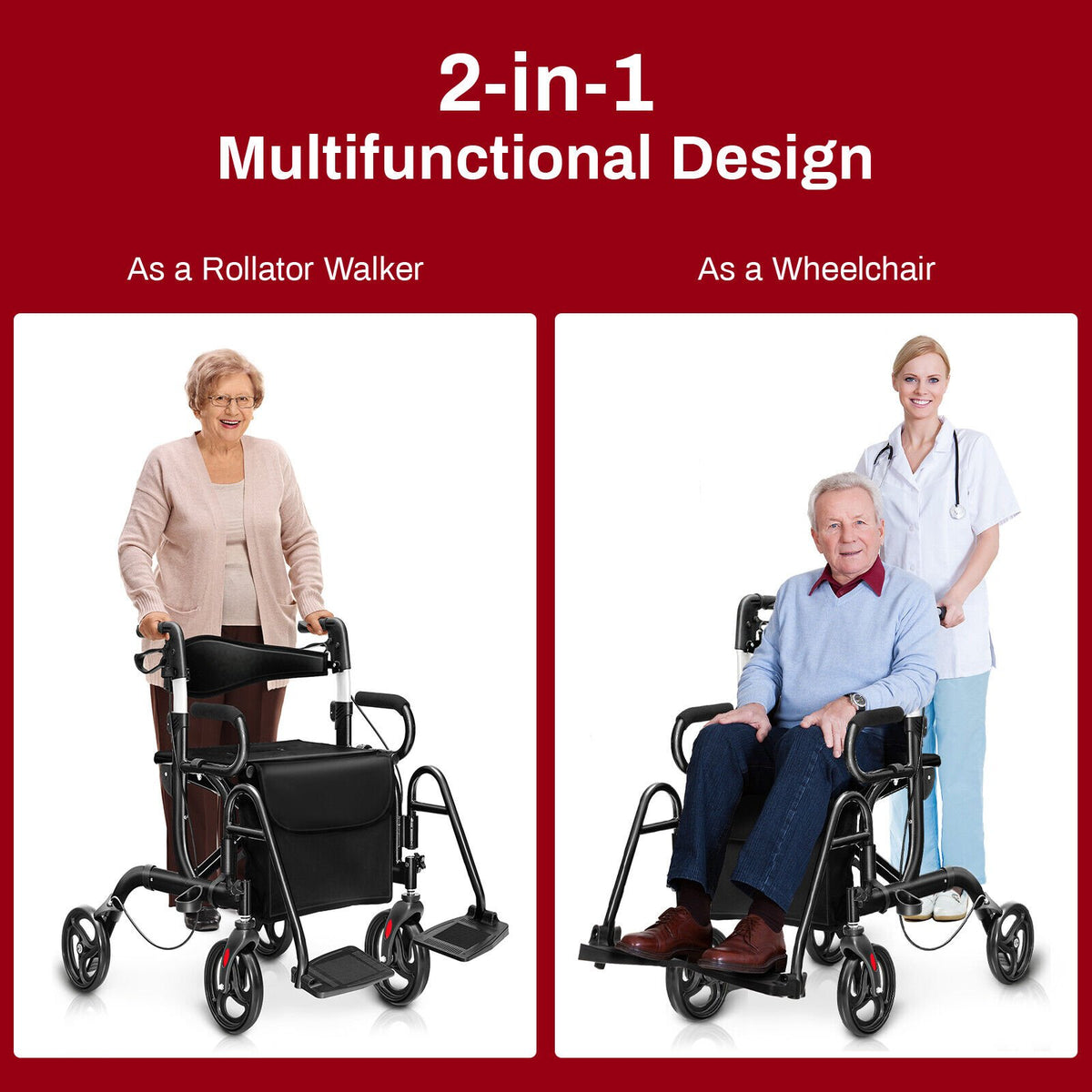Folding Rollator Walker with 8-inch Wheels and Seat-Black view 5