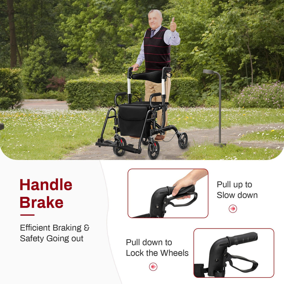 Folding Rollator Walker with 8-inch Wheels and Seat-Black view 6