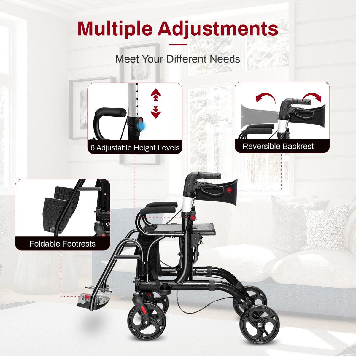 Folding Rollator Walker with 8-inch Wheels and Seat-Black view 7