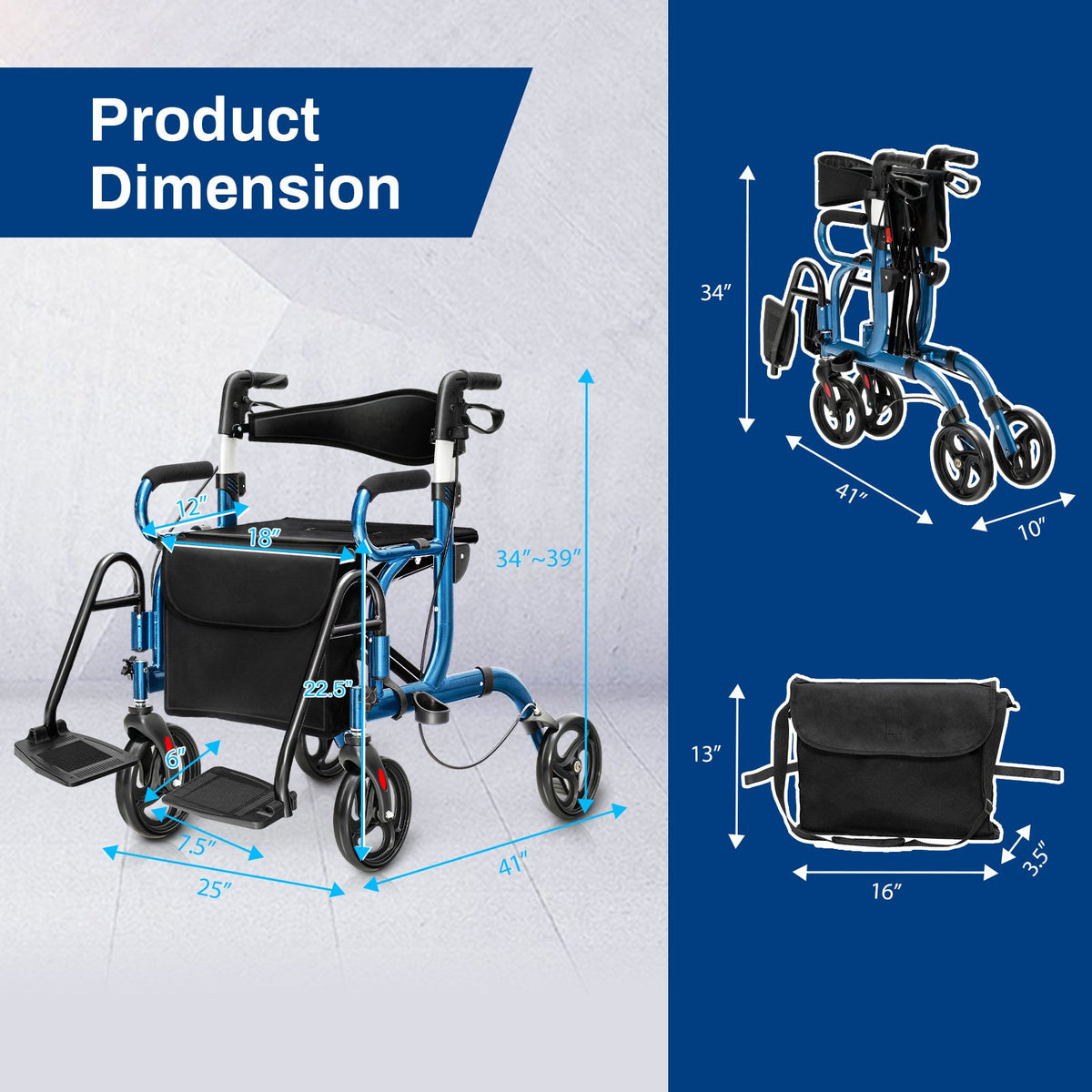 Folding Rollator Walker with 8-inch Wheels and Seat-Navy view 3