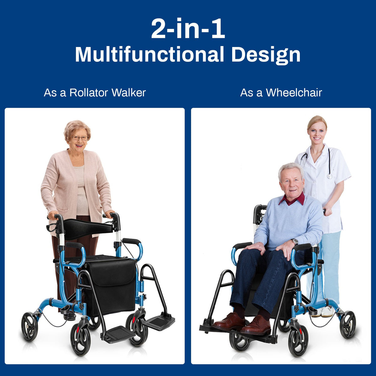 Folding Rollator Walker with 8-inch Wheels and Seat-Navy view 4