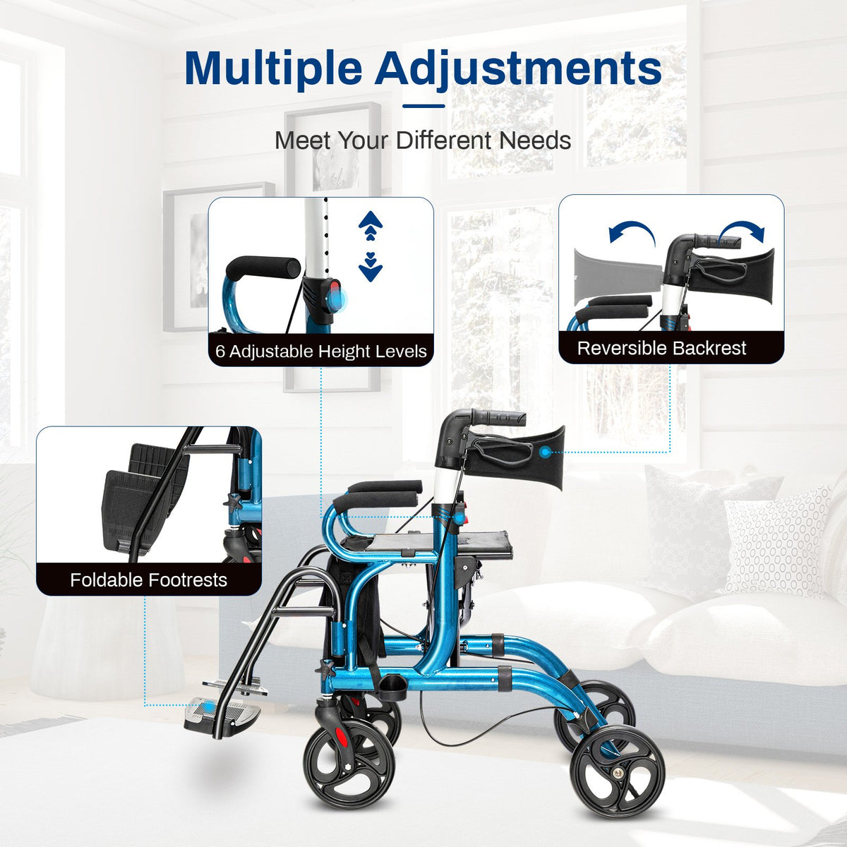 Folding Rollator Walker with 8-inch Wheels and Seat-Navy view 5