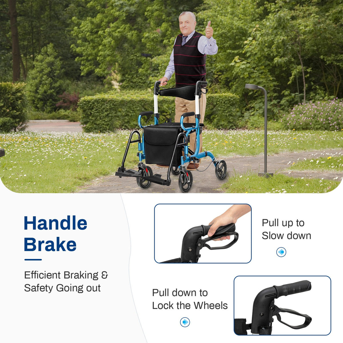 Folding Rollator Walker with 8-inch Wheels and Seat-Navy view 6