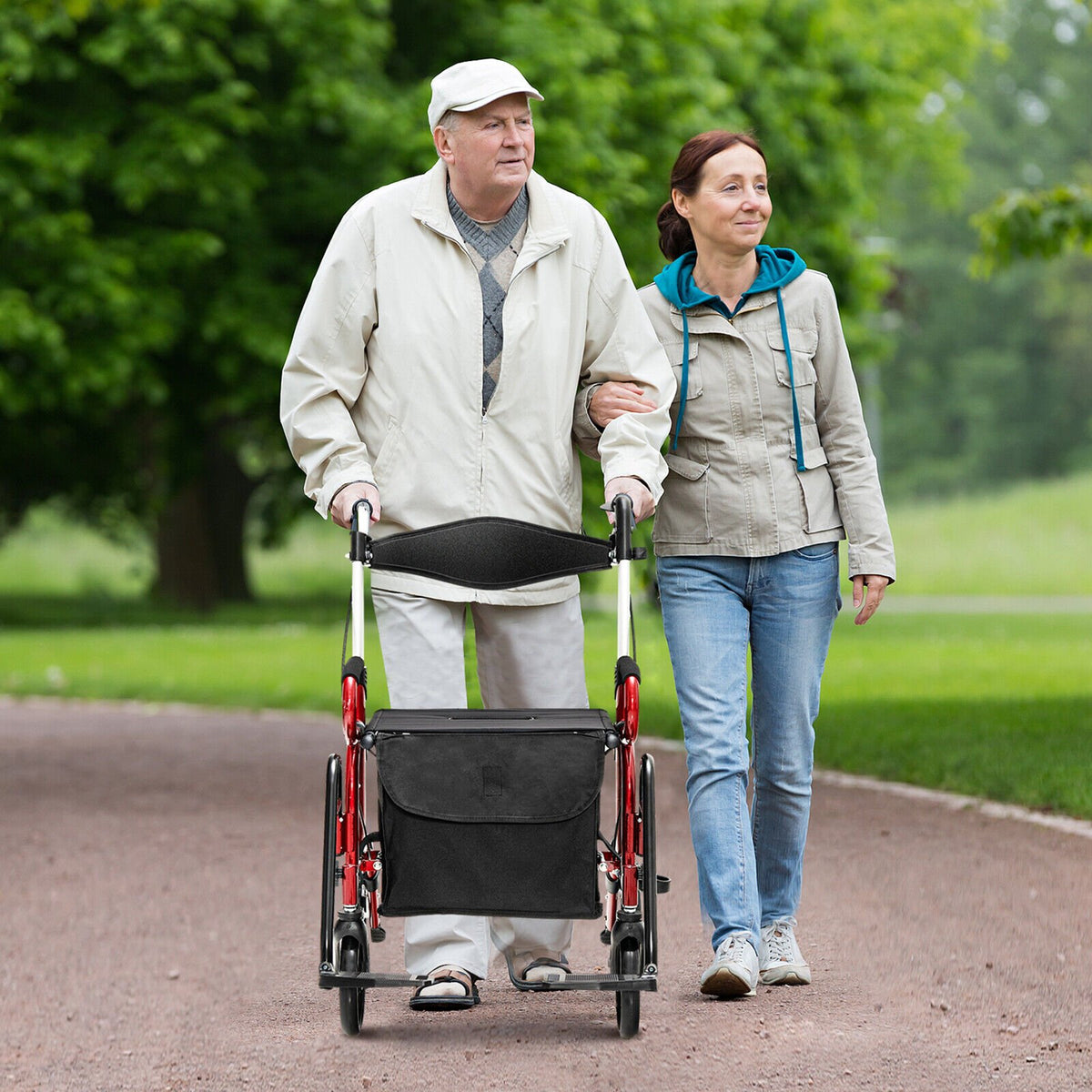 Folding Rollator Walker with 8-inch Wheels and Seat-Red view 2