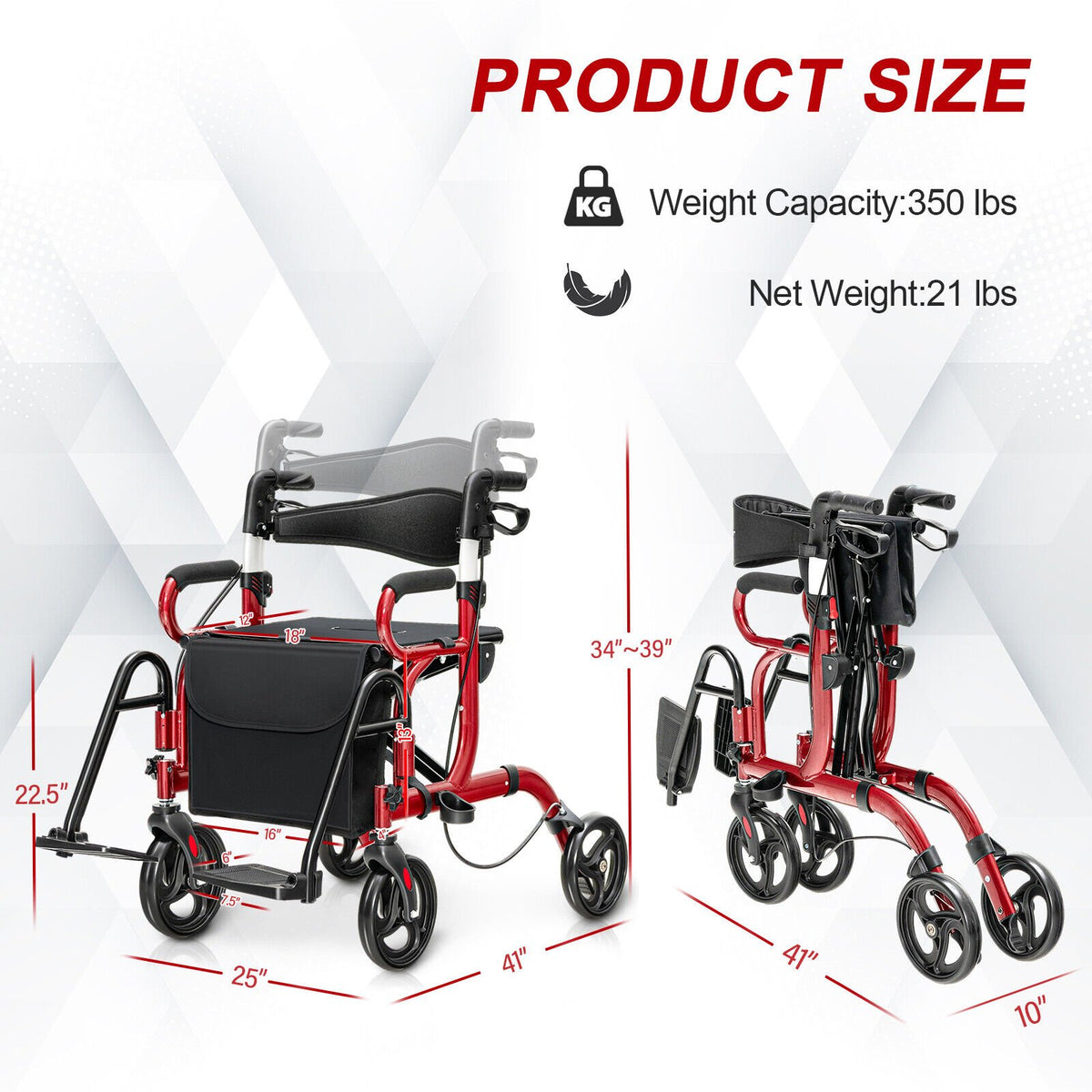 Folding Rollator Walker with 8-inch Wheels and Seat-Red view 4