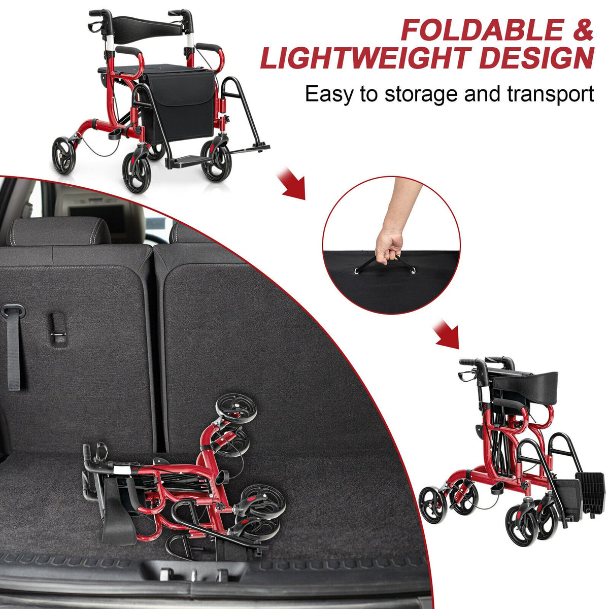Folding Rollator Walker with 8-inch Wheels and Seat-Red view 5