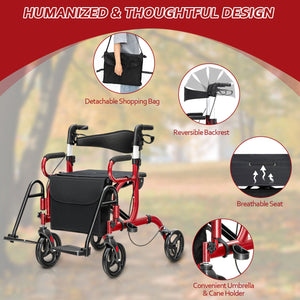 Folding Rollator Walker with 8-inch Wheels and Seat-Red view 8