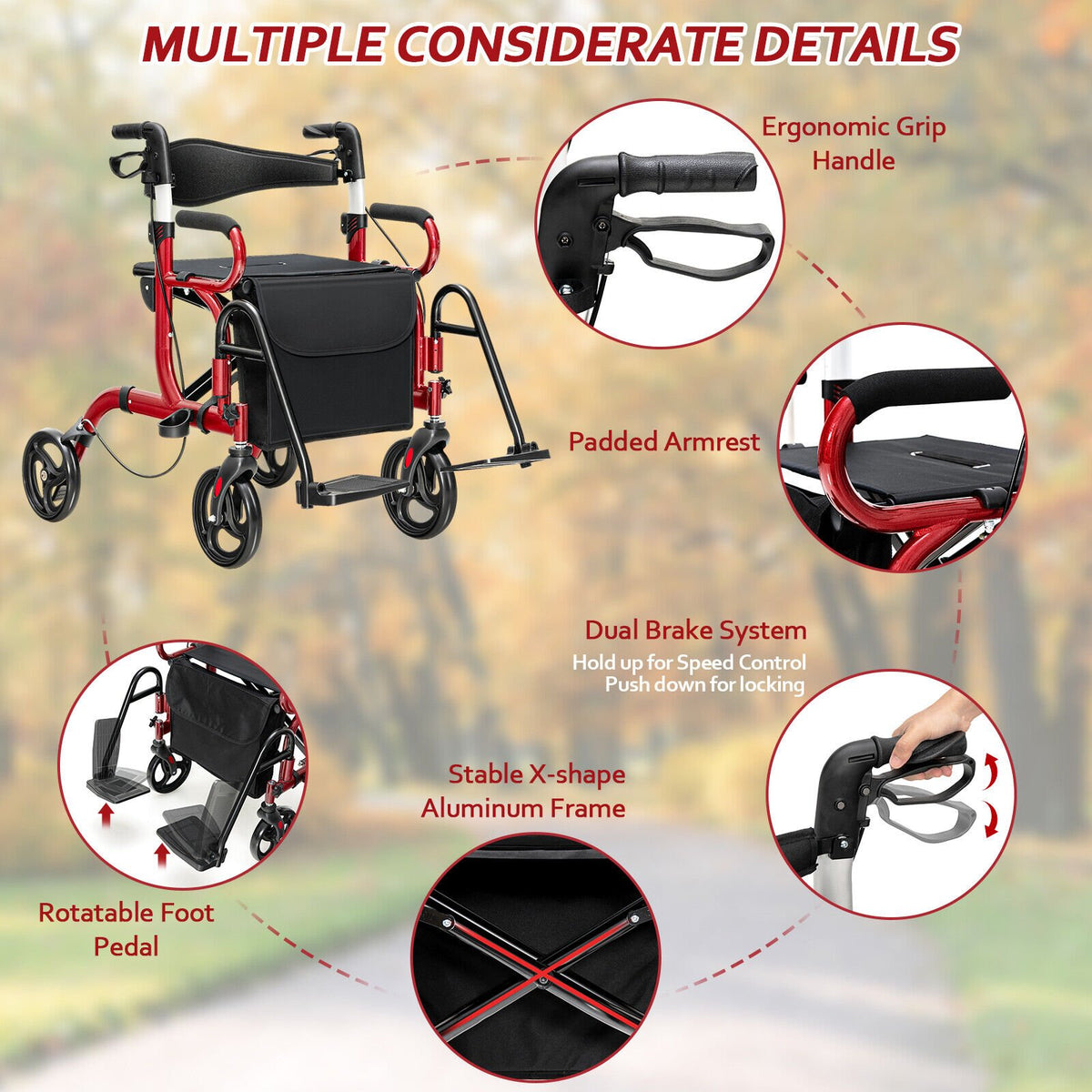 Folding Rollator Walker with 8-inch Wheels and Seat-Red view 9