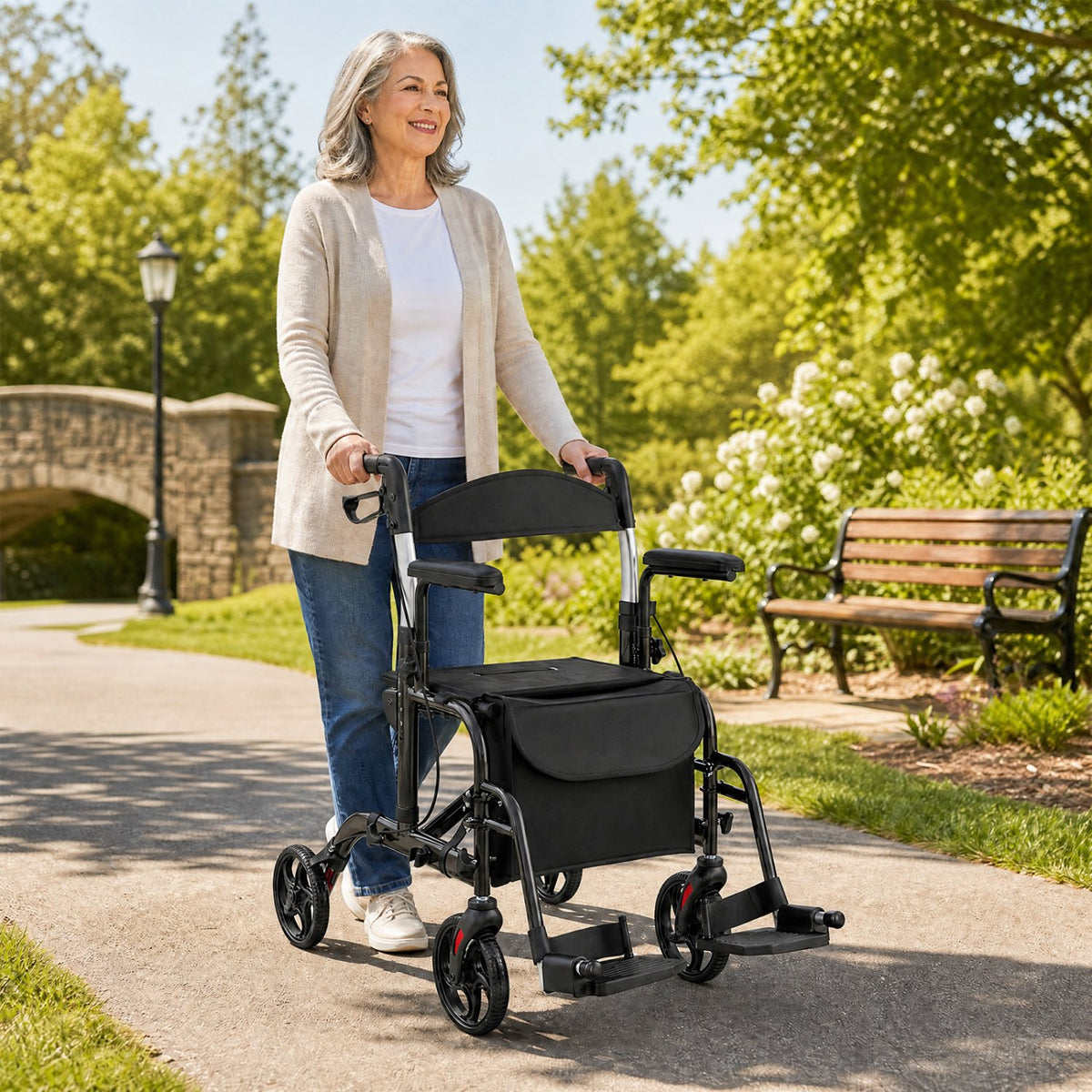 Folding Rollator Walker with Seat and Wheels Supports up to 300 lbs-Black view 2