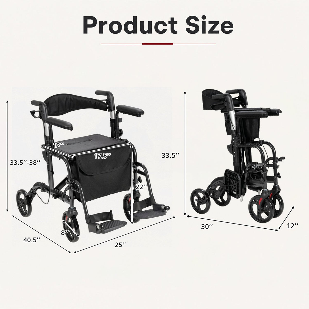 Folding Rollator Walker with Seat and Wheels Supports up to 300 lbs-Black view 3