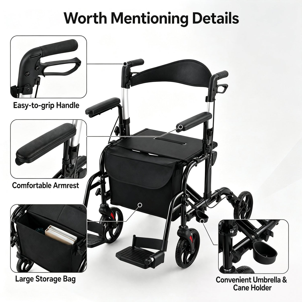 Folding Rollator Walker with Seat and Wheels Supports up to 300 lbs-Black view 5