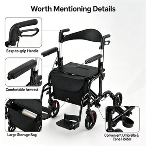 Folding Rollator Walker with Seat and Wheels Supports up to 300 lbs-Black view 5
