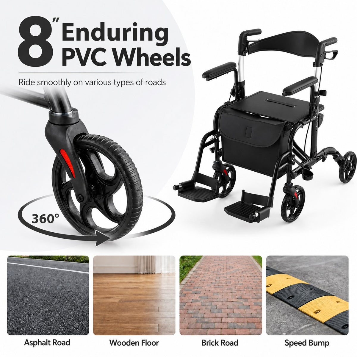 Folding Rollator Walker with Seat and Wheels Supports up to 300 lbs-Black view 7