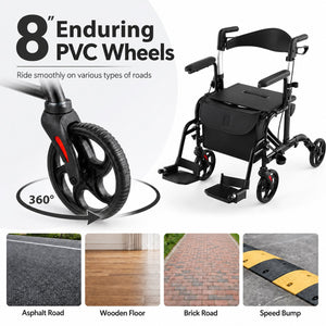 Folding Rollator Walker with Seat and Wheels Supports up to 300 lbs-Black view 7
