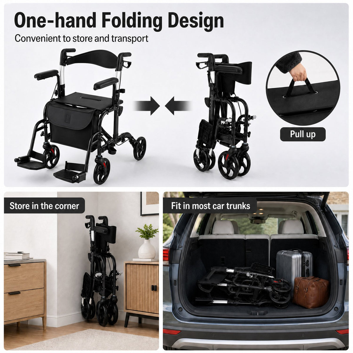 Folding Rollator Walker with Seat and Wheels Supports up to 300 lbs-Black view 8