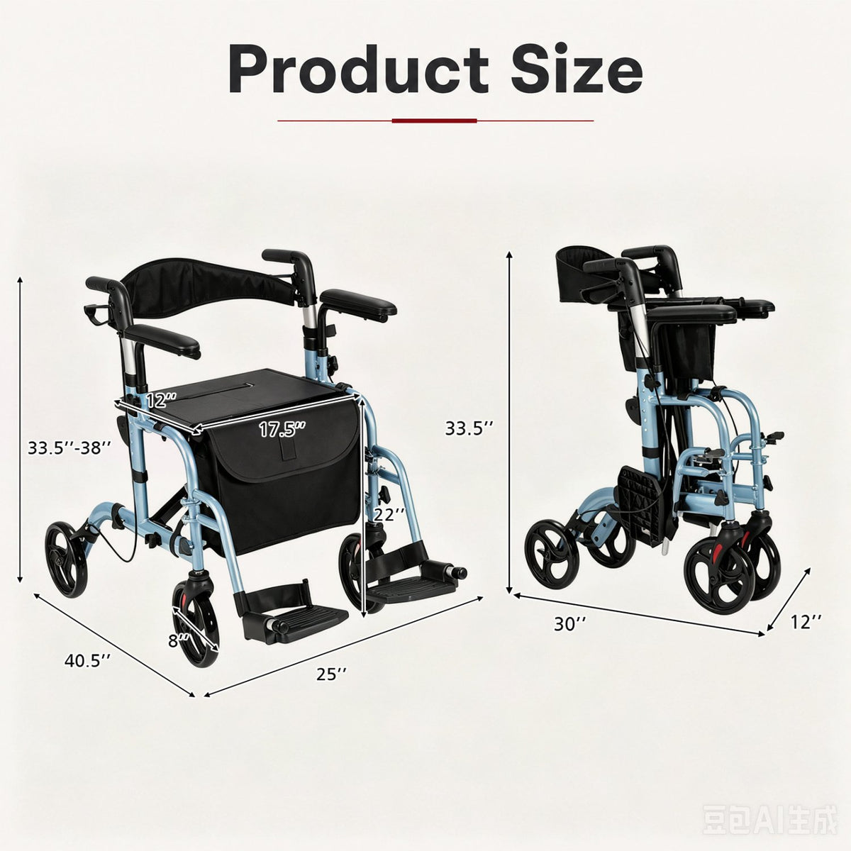 Folding Rollator Walker with Seat and Wheels Supports up to 300 lbs-Navy view 3