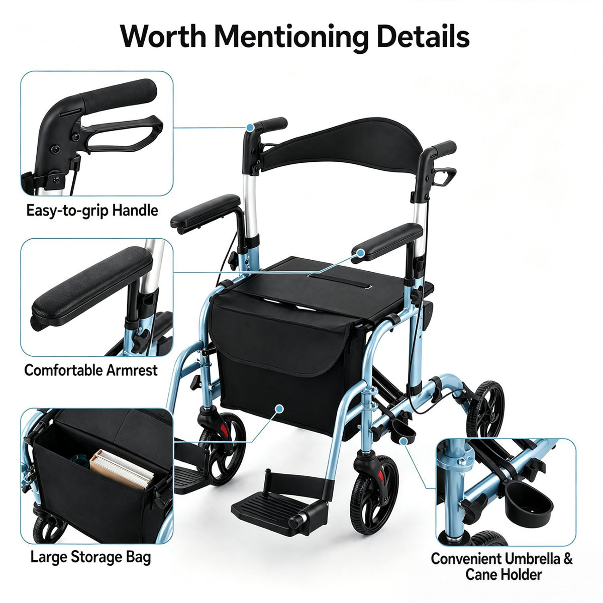 Folding Rollator Walker with Seat and Wheels Supports up to 300 lbs-Navy view 5