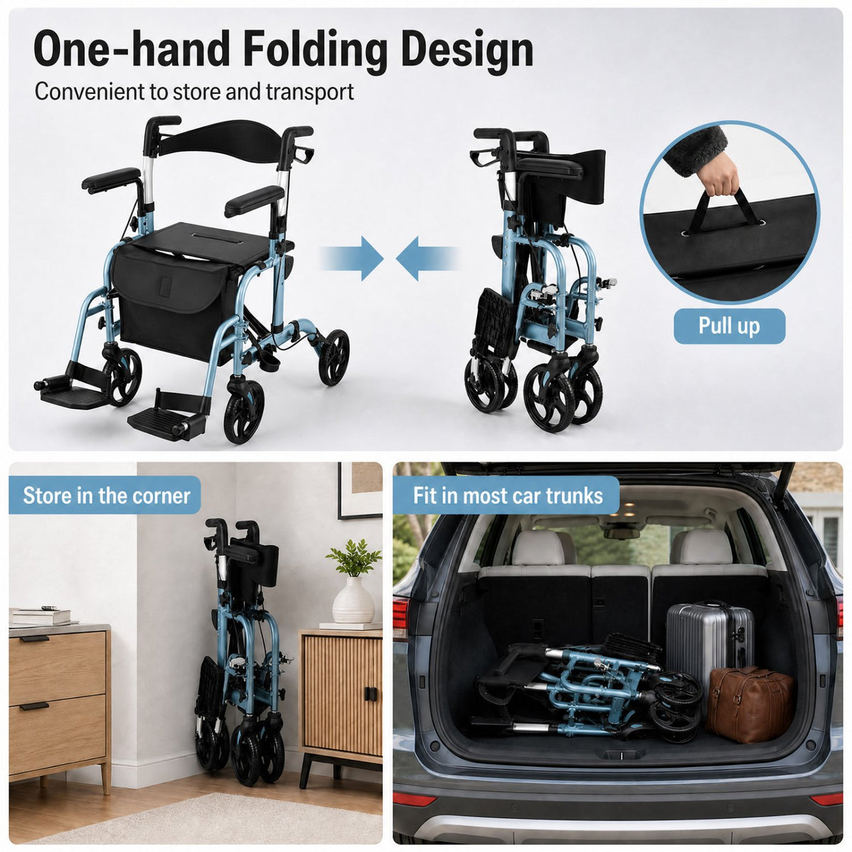 Folding Rollator Walker with Seat and Wheels Supports up to 300 lbs-Navy view 8