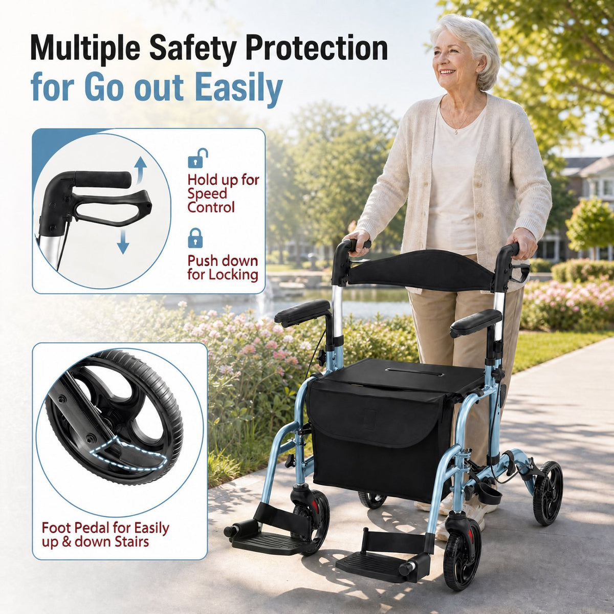 Folding Rollator Walker with Seat and Wheels Supports up to 300 lbs-Navy view 9