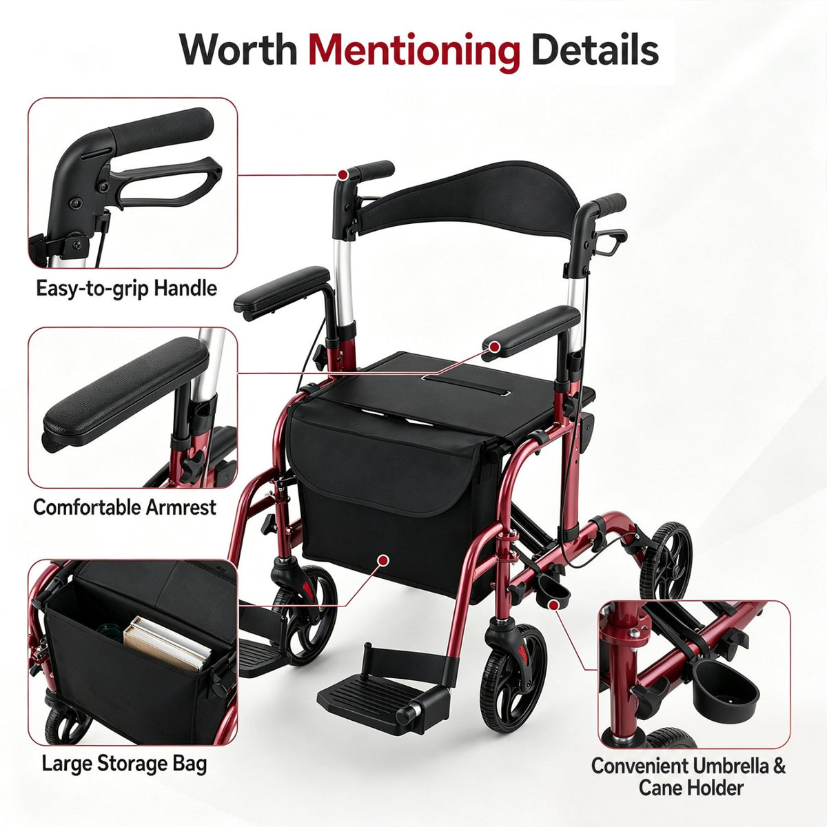 Folding Rollator Walker with Seat and Wheels Supports up to 300 lbs-Red view 5