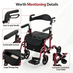 Folding Rollator Walker with Seat and Wheels Supports up to 300 lbs-Red view 5