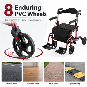 Folding Rollator Walker with Seat and Wheels Supports up to 300 lbs-Red view 7