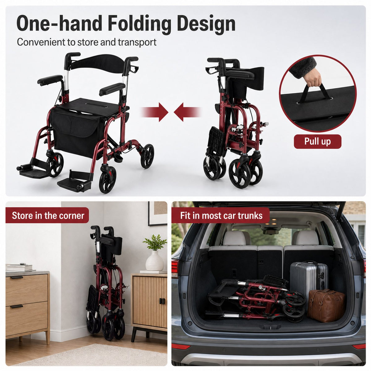 Folding Rollator Walker with Seat and Wheels Supports up to 300 lbs-Red view 8