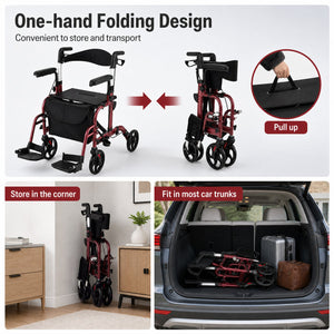 Folding Rollator Walker with Seat and Wheels Supports up to 300 lbs-Red view 8