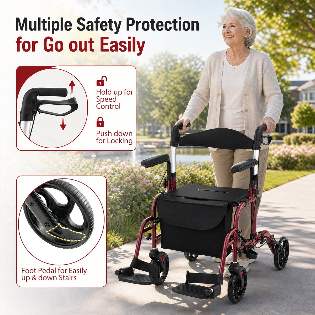 Folding Rollator Walker with Seat and Wheels Supports up to 300 lbs-Red view 9