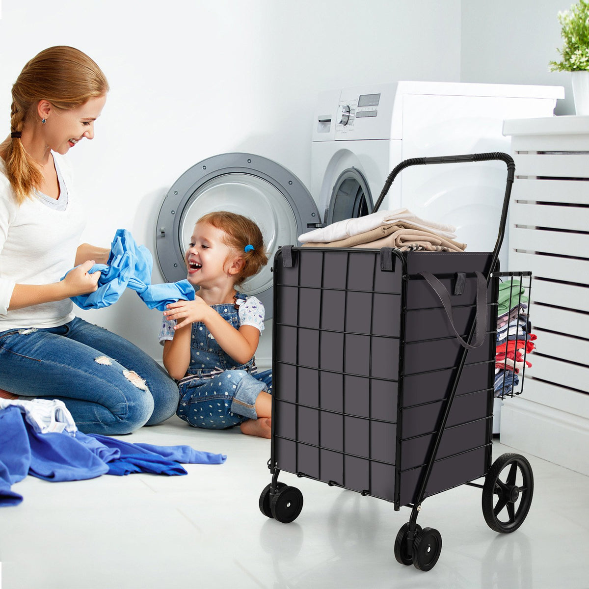 Folding Rolling Shopping Cart with Waterproof Liner and Basket-Black view 3