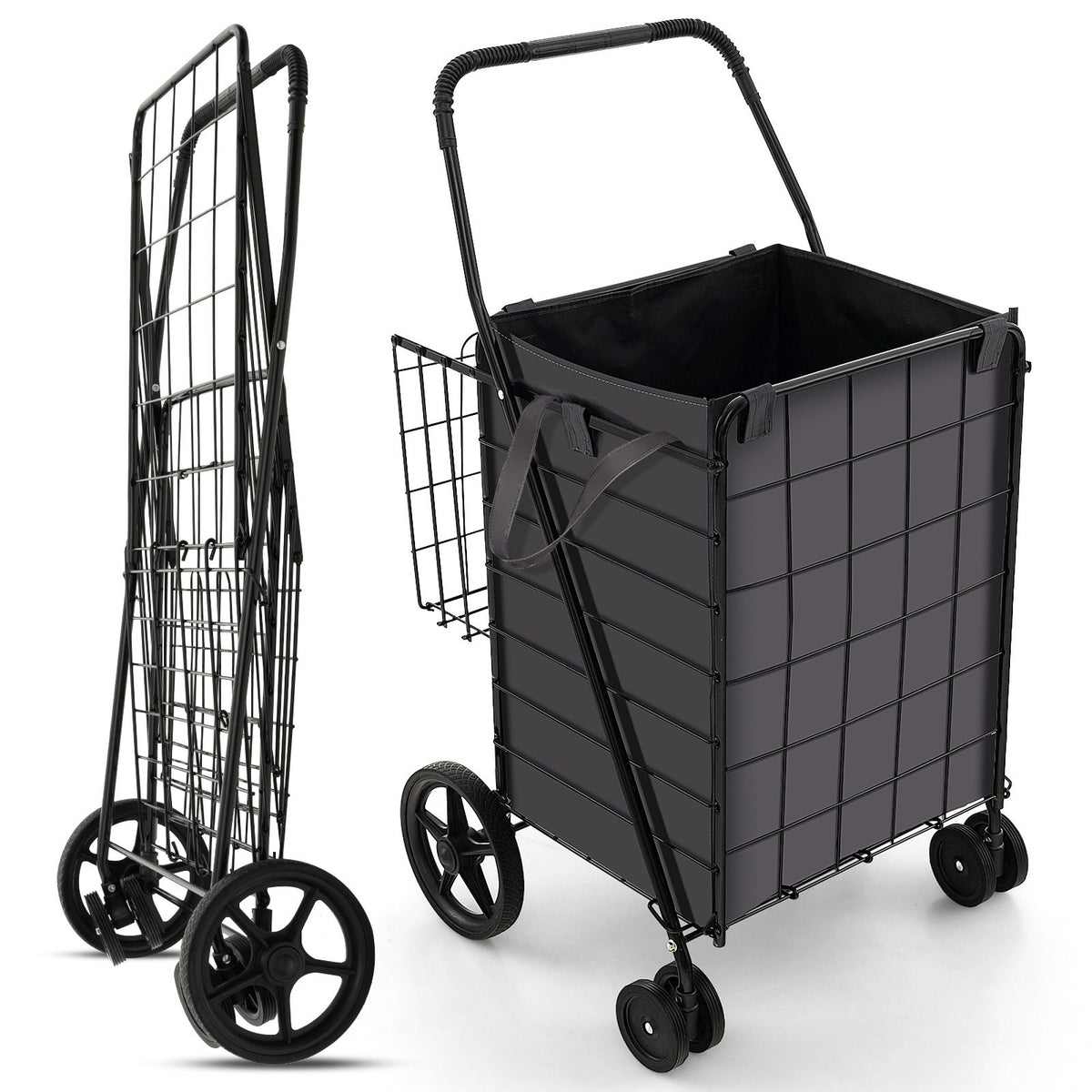 Folding Rolling Shopping Cart with Waterproof Liner and Basket-Black view 4
