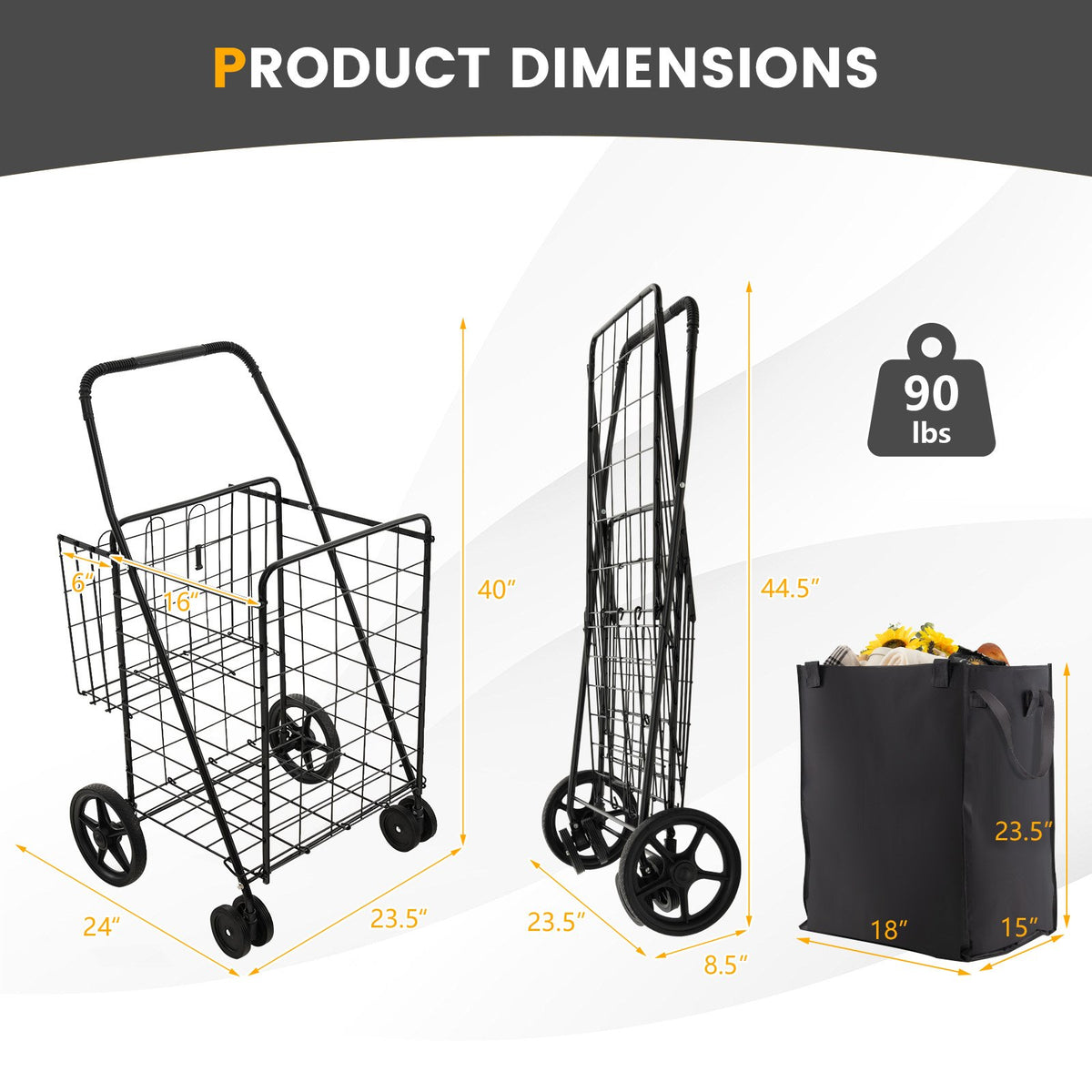 Folding Rolling Shopping Cart with Waterproof Liner and Basket-Black view 5