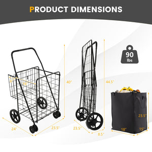 Folding Rolling Shopping Cart with Waterproof Liner and Basket-Black view 5