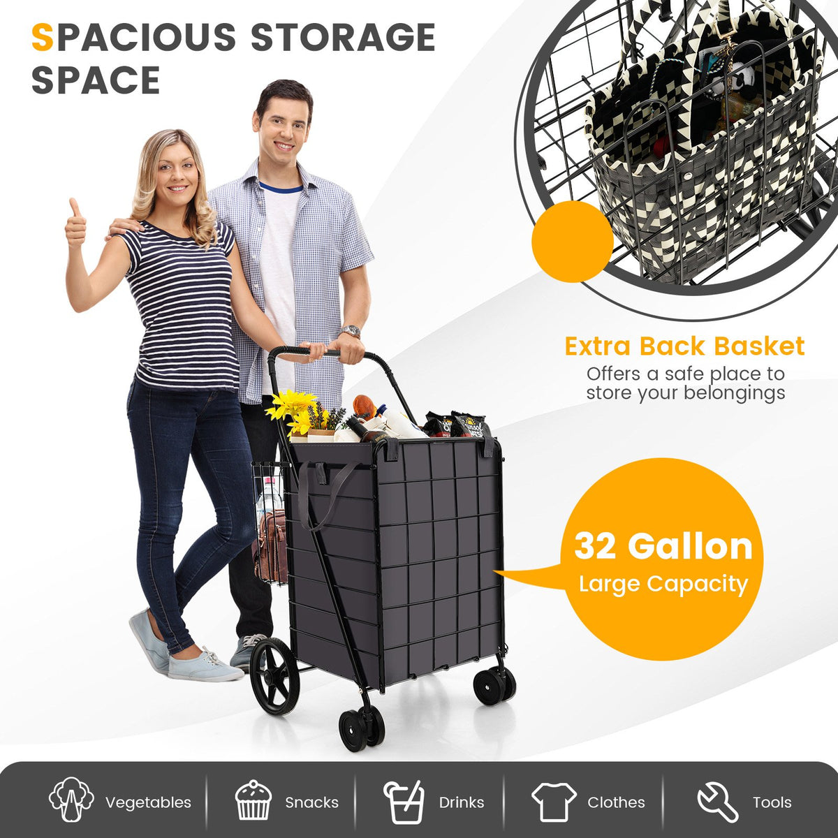 Folding Rolling Shopping Cart with Waterproof Liner and Basket-Black view 6