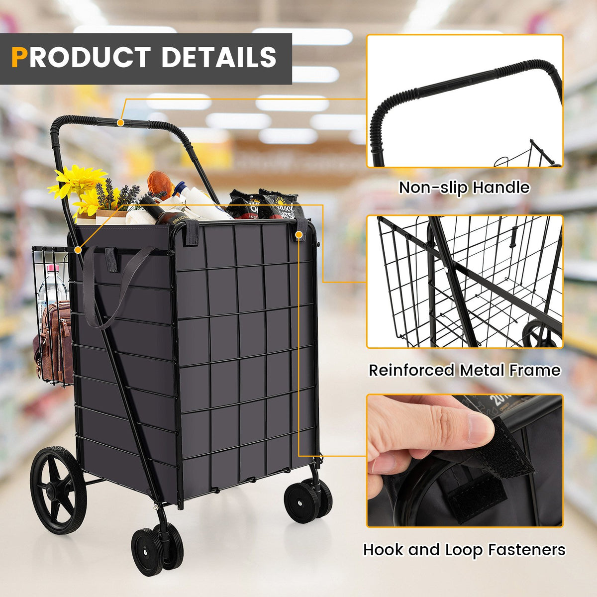 Folding Rolling Shopping Cart with Waterproof Liner and Basket-Black view 7