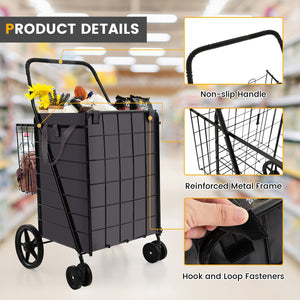 Folding Rolling Shopping Cart with Waterproof Liner and Basket-Black view 7