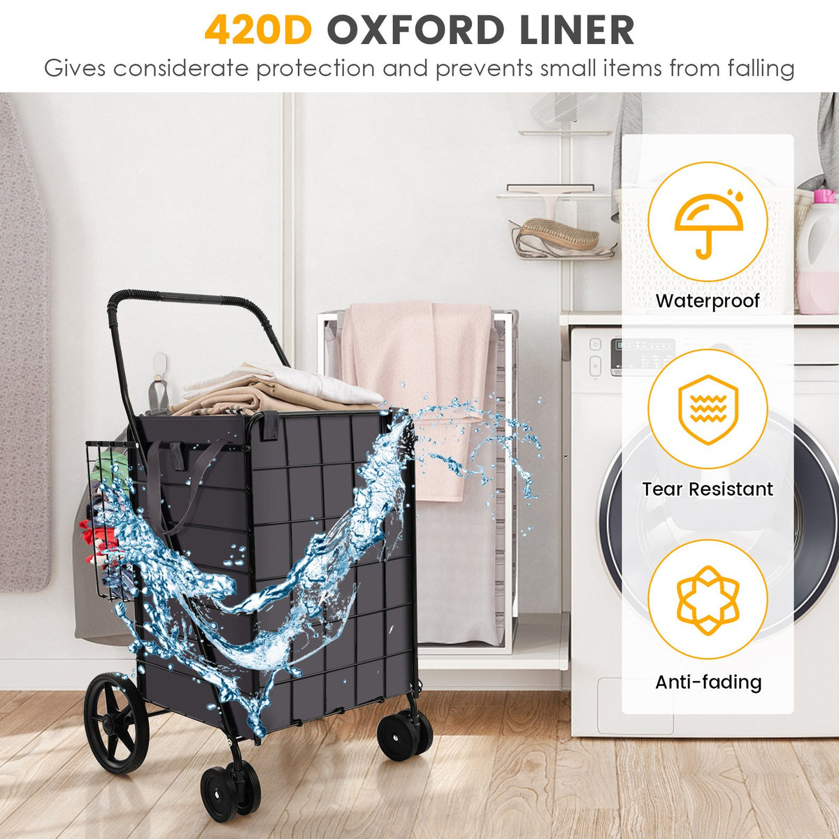 Folding Rolling Shopping Cart with Waterproof Liner and Basket-Black view 8