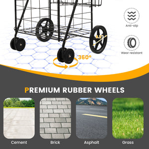 Folding Rolling Shopping Cart with Waterproof Liner and Basket-Black view 9