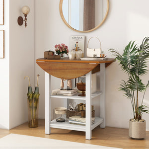 Folding Round Dining Table Drop Leaf Table with 2 Shelves for Small Spaces-White view 2