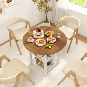 Folding Round Dining Table Drop Leaf Table with 2 Shelves for Small Spaces-White view 3