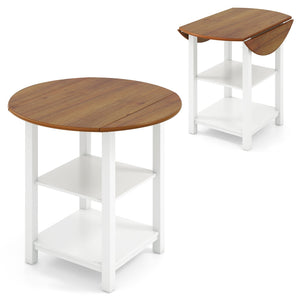 Folding Round Dining Table Drop Leaf Table with 2 Shelves for Small Spaces-White view 4